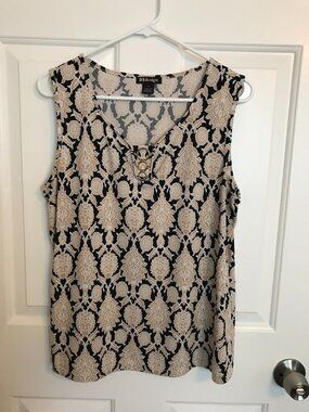 BY Design Metal Ring Accent Sleeveless Stretch Knit Print Top Sz XL Beige Black